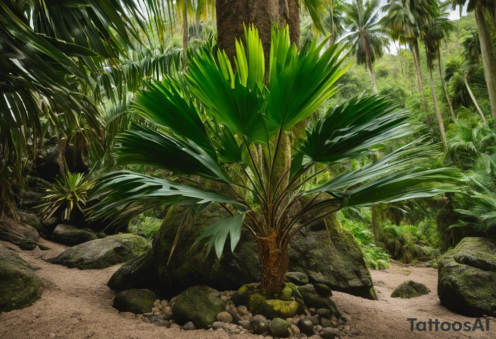 A striking Gachala emerald sits at the base of a tall quindio wax palm, which grows resiliently from cracks in rugged, rocky soil. The emerald is the main focal point, symbolizing strength and endurance, while the wax palm, rooted in the soil’s crevices, represents growth and resilience. A small water stream flows gently from the rocks, adding an element of life and nourishment. tattoo idea