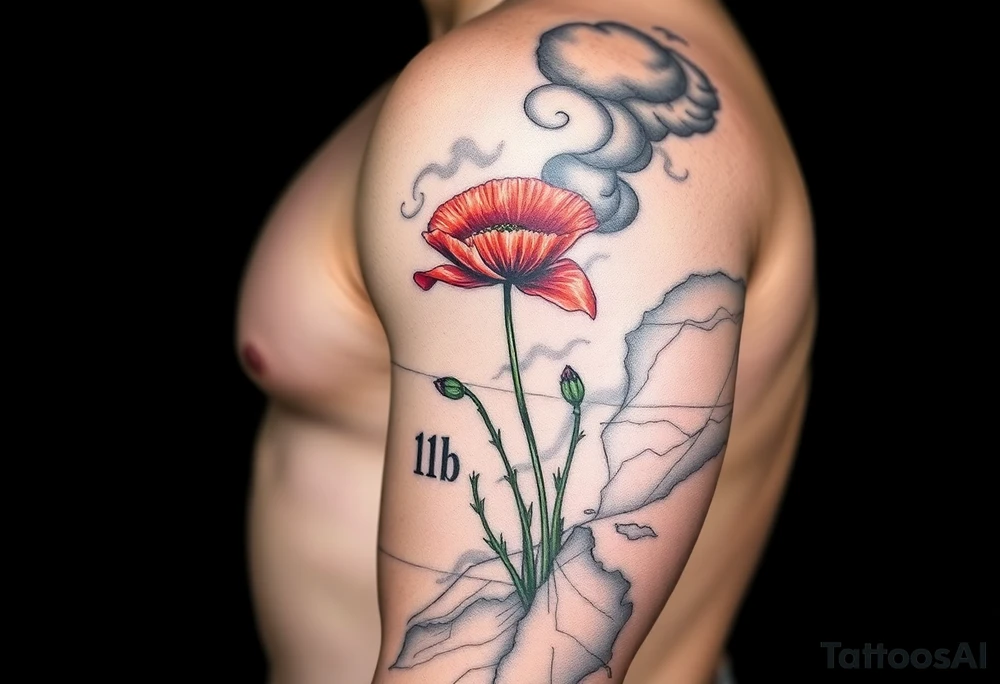 War zone with 2 poppy’s growing out of the smoke with 11B in the background and layer this over a map tattoo idea