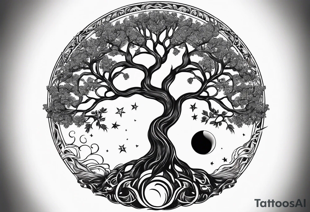 Tree of life with deep roots, the tree is holding the sun and the moon tattoo idea