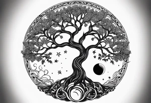 Tree of life with deep roots, the tree is holding the sun and the moon tattoo idea