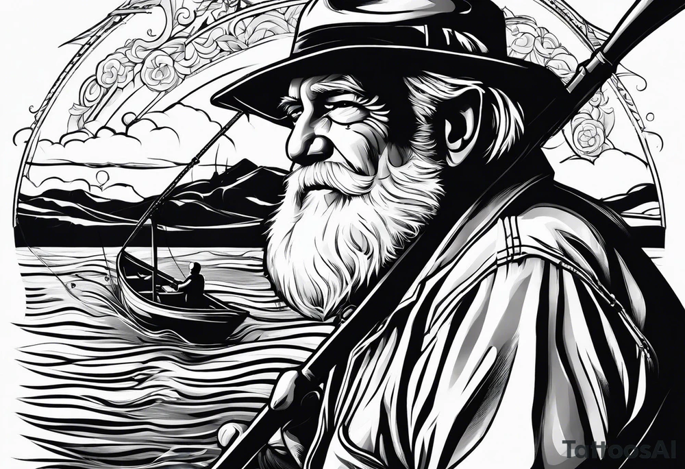 Old man fishing on boat tattoo idea