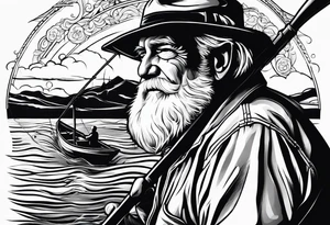 Old man fishing on boat tattoo idea