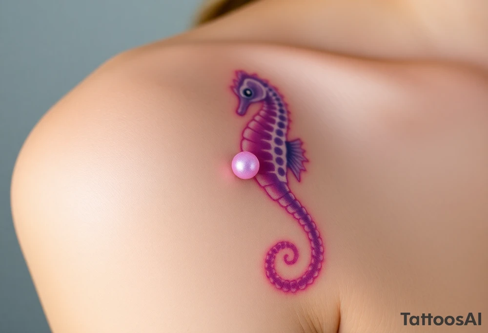 A translucent glass-like seahorse in soft pastel hues of lavender and pink, with a glowing pearl at its center. tattoo idea