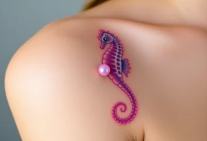 A translucent glass-like seahorse in soft pastel hues of lavender and pink, with a glowing pearl at its center. tattoo idea