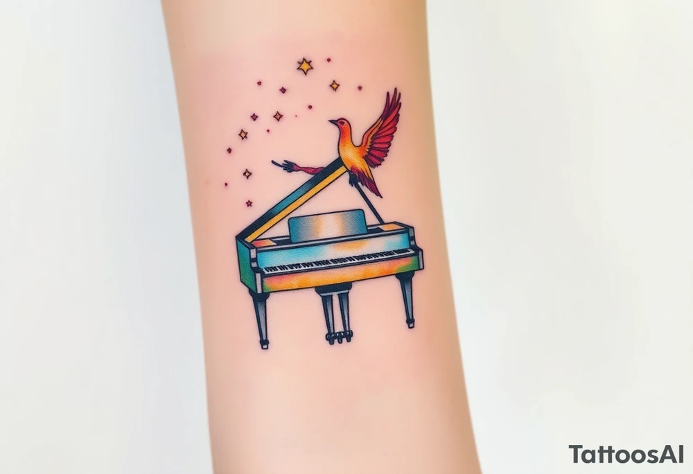 grand piano under stars and pheonix tattoo idea