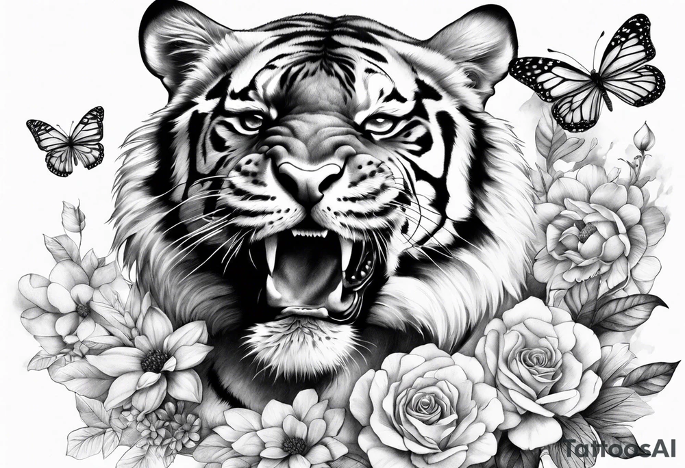 realistic full body tiger, 3 butterflies, flowers for ladies thigh / hip shaded tattoo idea
