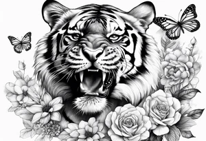 realistic full body tiger, 3 butterflies, flowers for ladies thigh / hip shaded tattoo idea