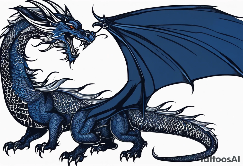 An epic floating dragon. Its long body coiling dynamically, with scales and horns detailed to create a sense of movement and strength. The dragon's main color is midnight blue, giving a vibrant depth and a mystical aura. This tattoo highlights the dragon’s fierce expression and sharp claws. tattoo idea