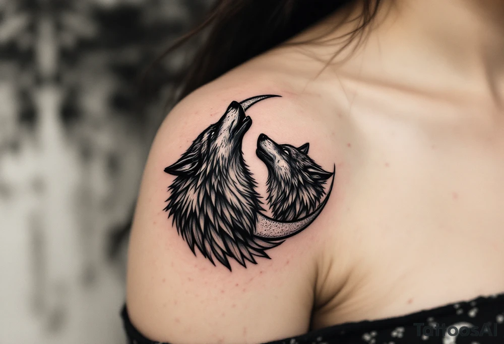 A howling black wolf for his shoulder blade and a silver crescent moon for her shoulder blade on the shoulders echo primal loyalty. tattoo idea
