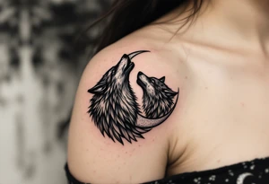 A howling black wolf for his shoulder blade and a silver crescent moon for her shoulder blade on the shoulders echo primal loyalty. tattoo idea