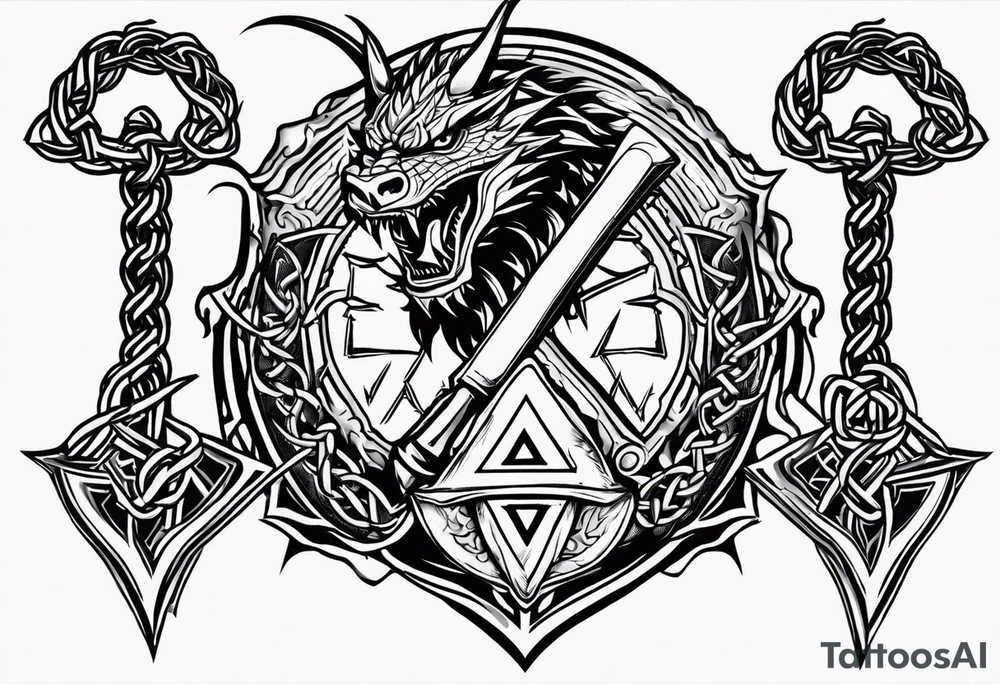 Valhalla sword shield dragon axe Valknut barbed wire chains fire tattoo idea Valhalla sword shield dragon axe Valknut barbed wire chains fire tattoo idea