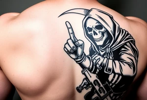 Special forces combat medic treating a soldier while he puts his middle finger up at the grim reaper tattoo idea