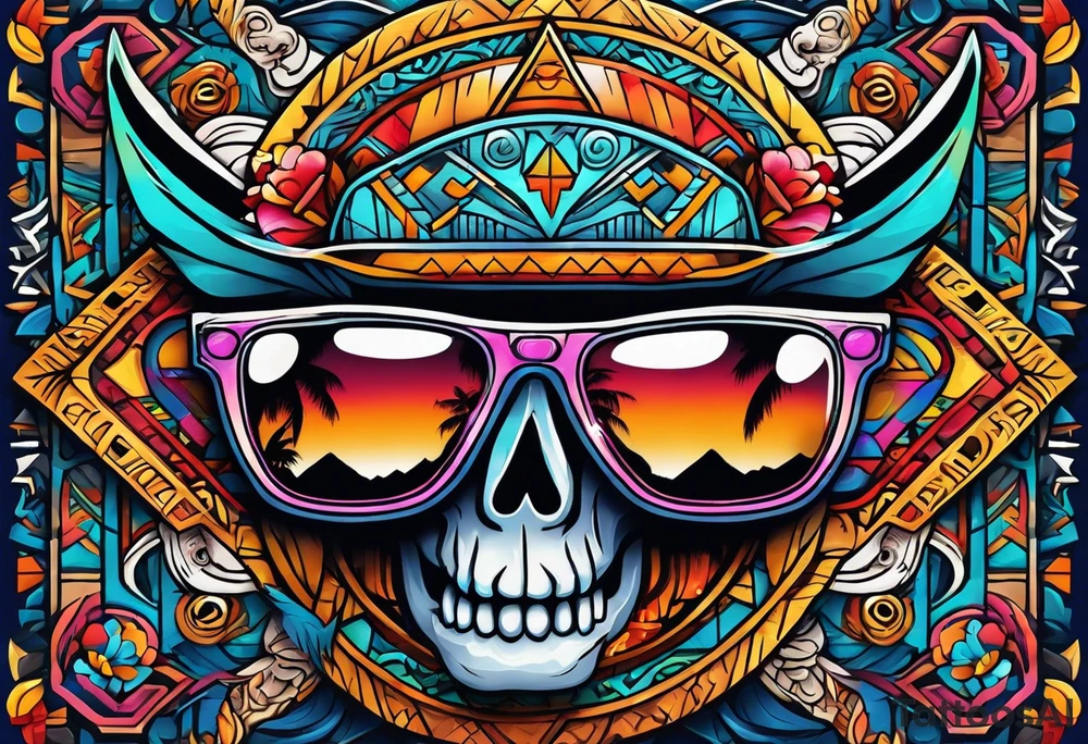 Colorful Mayan hieroglyph wearing sunglasses with bats and water tattoo idea