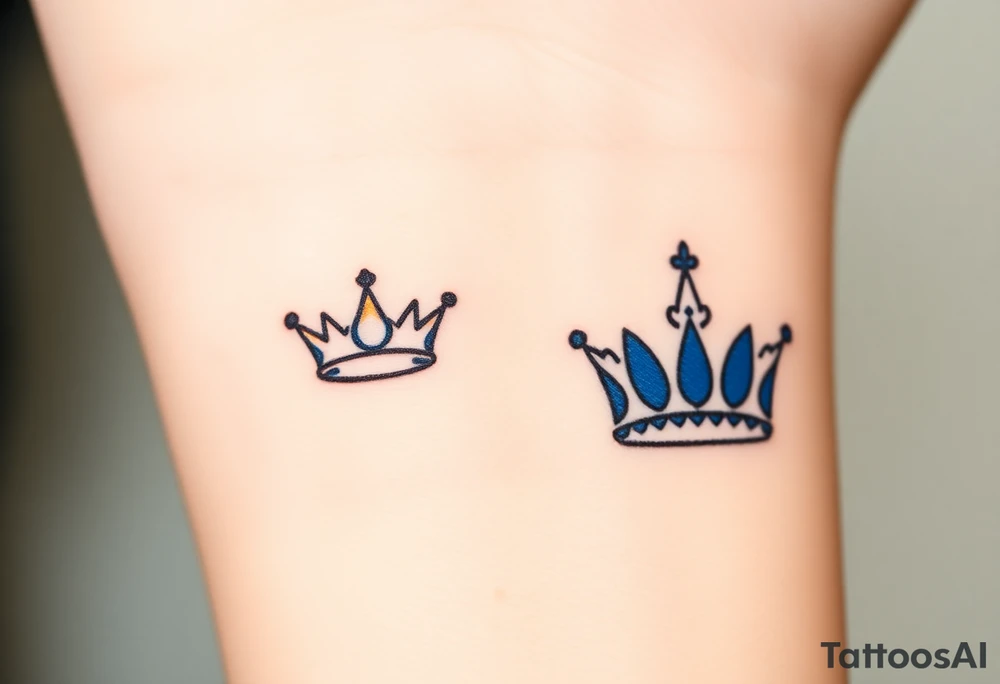 A tiny crown for the child and a regal crown for the parent, in soft gold and deep royal blue, symbolizing unconditional love and royalty tattoo idea