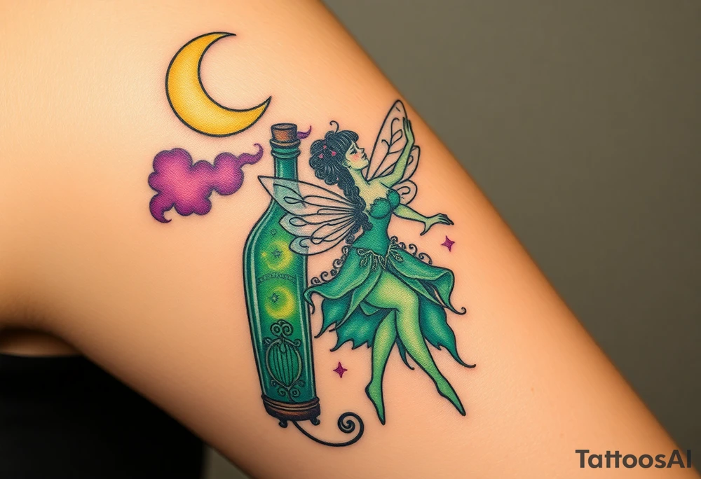 Tim Burton’s kelly doty pin up style Vintage Parisian elegant and hauntingly beautiful yet eerie full body absinthe Green Fairy dances outside her victorian crystal decatur she was once inside this elaborate ornate bottle absinthe bottle Absinthe Art Nouveau   and dripping with muted reds, dusty pinks, and eerie green glow.purple and cyan smokey clouds swirl in the crescent moonlit sky thats sprinkled with stars tattoo idea