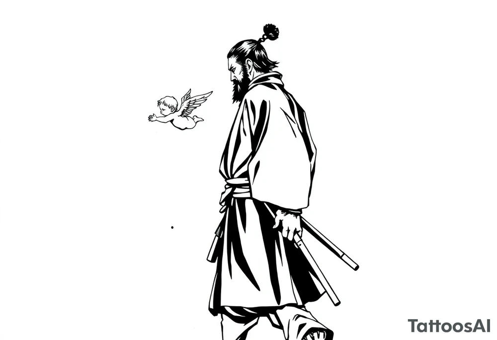A solemn Japanese samurai (or ronin) in traditional hakama and kimono, walking in profile view. A small winged cherub or angel is floating behind him, reaching out with its hand towards his back. Black and white ink sketch, high contrast, monochrome, manga style, clean lines, dynamic composition, with ink splatter details on a white background. --ar 1:1 tattoo idea
