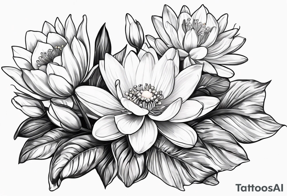 Water Lily, Lily of the Valley, Narcissus, and Gladiolus flower bouquet tattoo idea