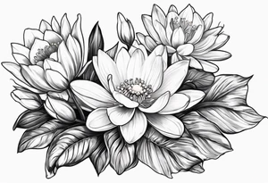 Water Lily, Lily of the Valley, Narcissus, and Gladiolus flower bouquet tattoo idea