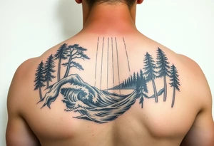 powerful ocean and forrest with rainy louds with lighting tattoo idea