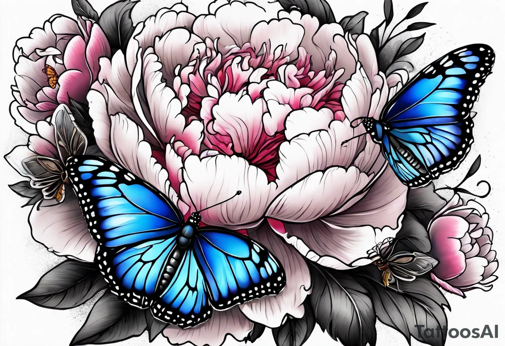 Peony with blue monarch butterflies tattoo idea