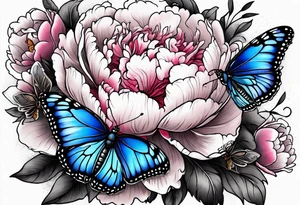 Peony with blue monarch butterflies tattoo idea