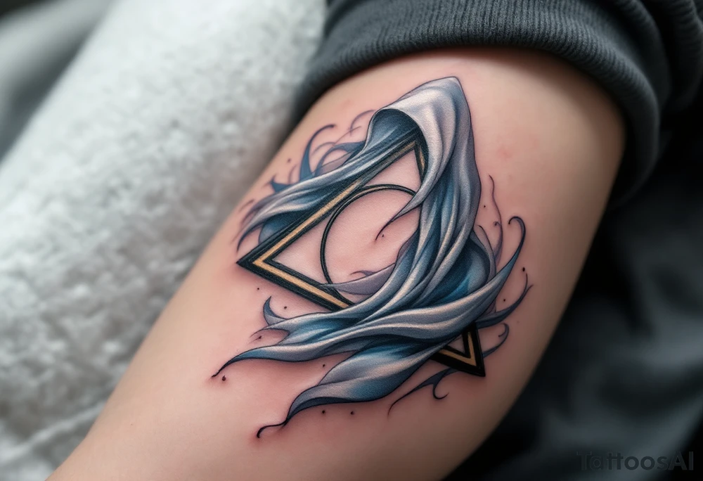 A soft, silvery-gray cloak, flowing around the Deathly Hallows symbol, with faint swirling mist in translucent white and light gray, signifying the cloak’s ability to hide and protect. The cloak shimmers with hints of blue and purple. tattoo idea