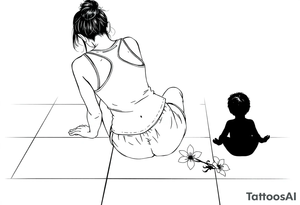 a tile floor with a minimalist realistic silhouette of the back of a thin woman sitting curled on the tile floor and a black silhouette of a young child sitting next to her with a lily next to them on the floor. The woman is wearing a Racerback tank top, running shorts, has dark hair pulled up high, and her head is down. tattoo idea