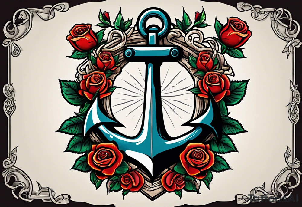 old school anchor with rope wrapped around anchor and banner across anchor and old school roses tattoo idea