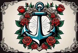 old school anchor with rope wrapped around anchor and banner across anchor and old school roses tattoo idea