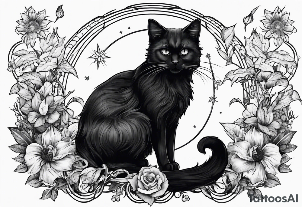 Ethereal witchy garden black cat tattoo idea
