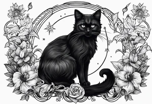 Ethereal witchy garden black cat tattoo idea