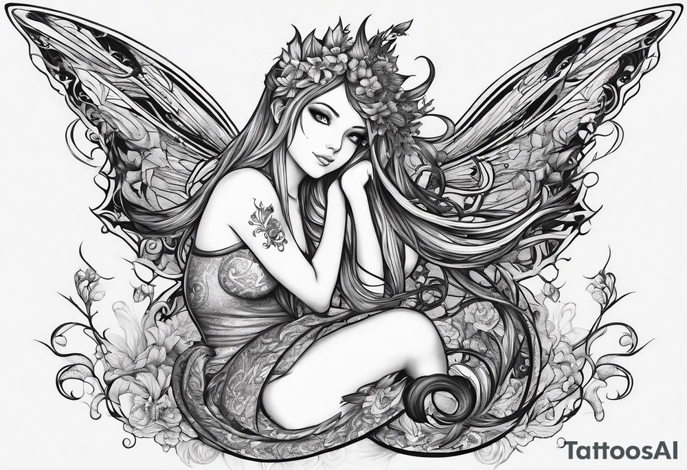 A fairy with a tail inspired by the logo of the show called Fairy Tail in a fetal position leaning in tattoo idea