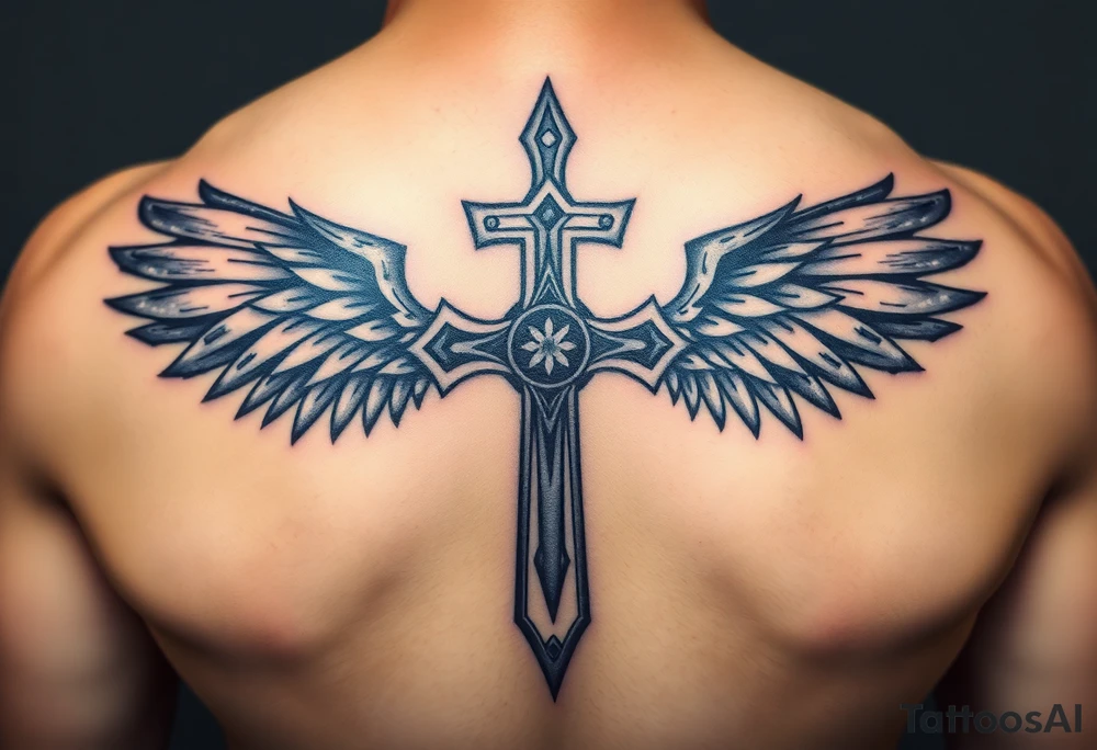 A metal cross with scratches and dents, with warrior-like armored wings in steel gray tattoo idea