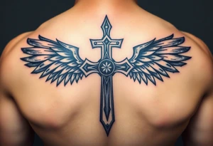 A metal cross with scratches and dents, with warrior-like armored wings in steel gray tattoo idea