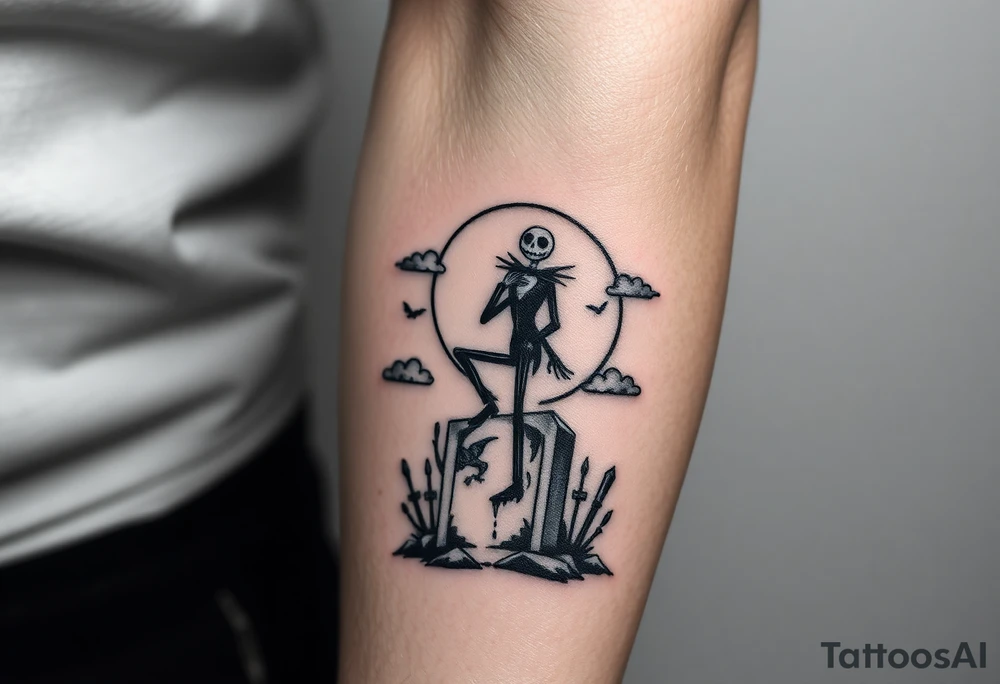 jack skellington sitting on tombstone, birds, clouds tattoo idea