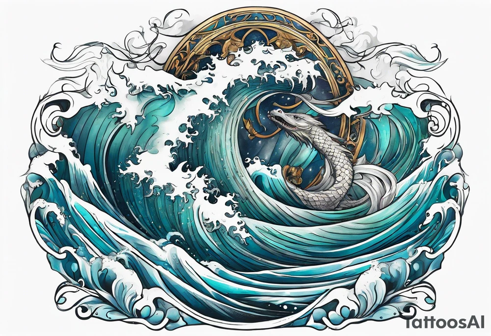 Thigh tattoo of a sea monster wrapped around Neptune the Greek god with waves tattoo idea