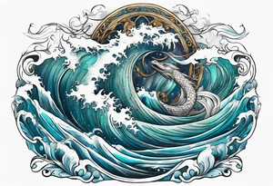 Thigh tattoo of a sea monster wrapped around Neptune the Greek god with waves tattoo idea