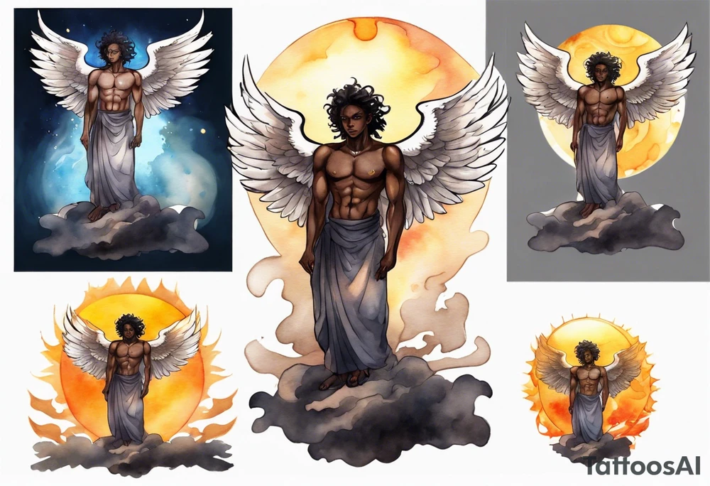 a solitary dark skinned male angel with glowing eyes standing upon the sun tattoo idea
