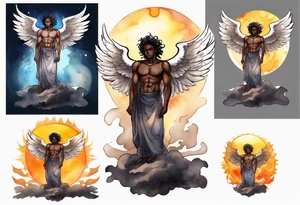 a solitary dark skinned male angel with glowing eyes standing upon the sun tattoo idea