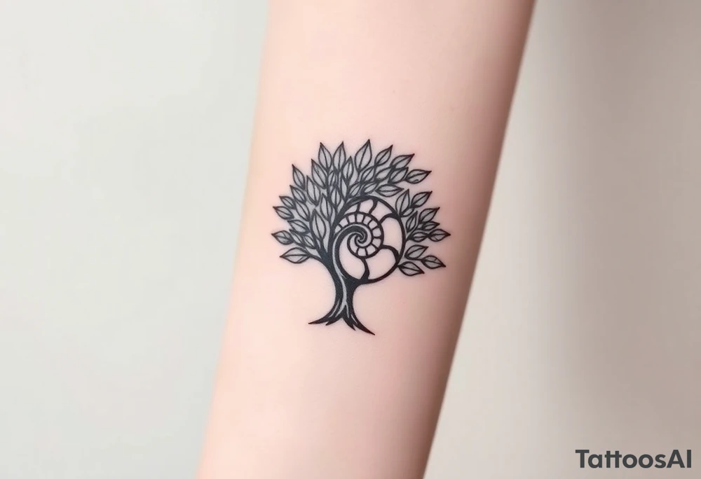 Fibonacci spiral shell inside of tree full of lots of leaves tattoo idea