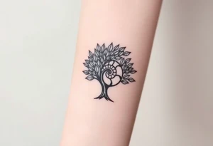 Fibonacci spiral shell inside of tree full of lots of leaves tattoo idea