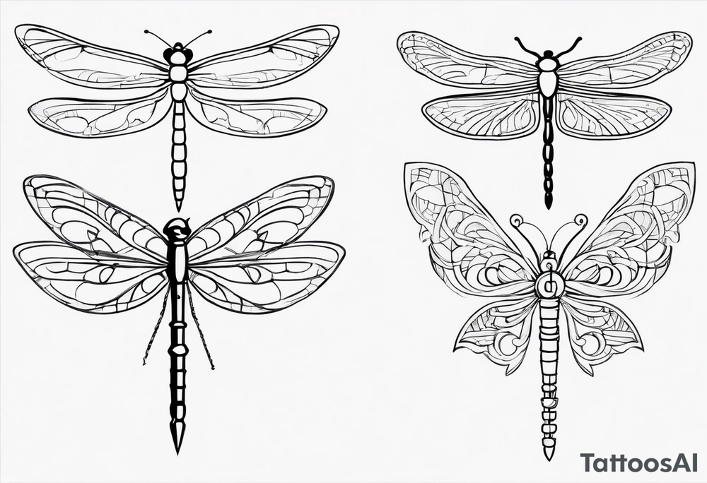 2 Dragonflies one with a lock as the chest 
and the other has a key for the tail fine black line style tattoo idea