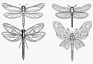 2 Dragonflies one with a lock as the chest 
and the other has a key for the tail fine black line style tattoo idea