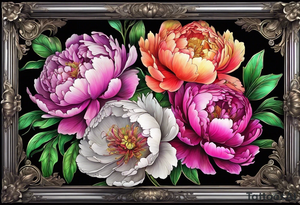 neon colorful peonies,neon colored, surrounding on the outside of a empty beautiful intricate victorian style picture frame with filigree tattoo idea