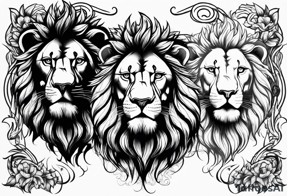 A lion with two expressions surrounded by flames tattoo idea