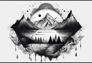 A world that appears to be upside down including Mountains and a moon that drips down Drops. tattoo idea
