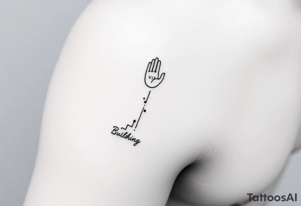 Minimalist black-ink forearm tattoo symbolizing father’s guidance and continuing legacy. Design: ascending abstract line representing the son’s path, with small upward particle lines along it. At the top, a minimal abstract hand of the father reaching down over the path, subtly guiding and cheering. Include Roman numerals VI·IV·MMXXIII along the line and optional text “Building what he couldn’t”. Fine-line, minimal, vertical composition, black ink only, meaningful and elegant. tattoo idea