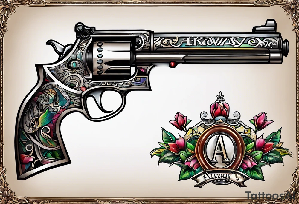 The letters AR with a pistol on each side and the word always on the top and the word ready on the bottom tattoo idea