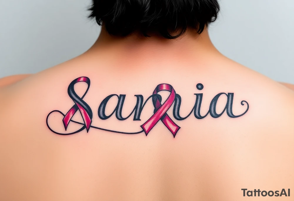 The name Samia. With a breast cancer (in pink) ribbon flowing off the last a. tattoo idea