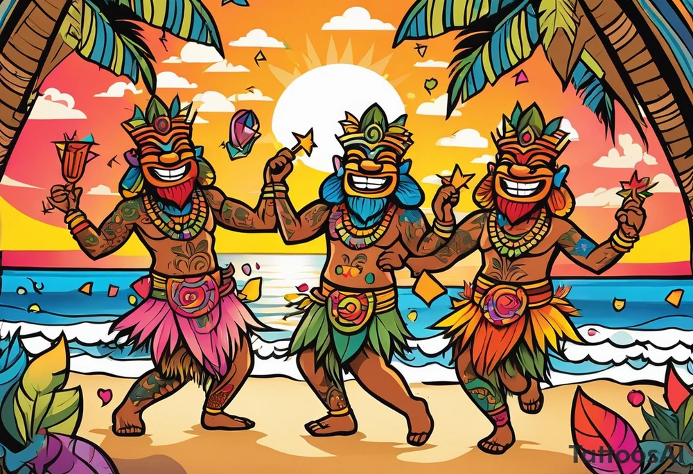 dancing tiki gods dance party on the beach with a sunset in the center of the image with confetti and music notes and tattoo idea